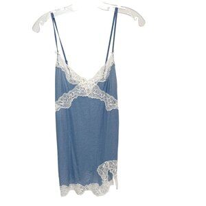 Victoria's Secret‎ Blue White Lace Trim Chemise Slip Dress Lingerie Lounge SMALL